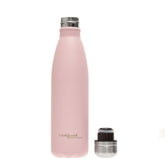 Pink insulated bottle with silver cap on a white background